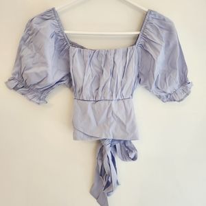 Korean Fashion - Periwinkle Square Neck Peasant Crop Top